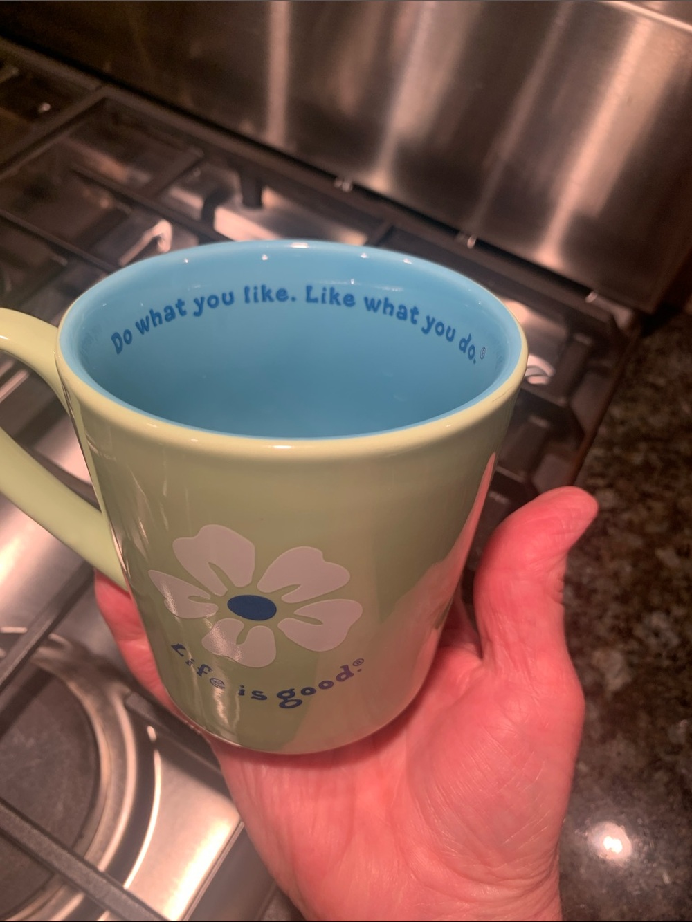 Life Is Good Light Green Ceramic Mug with Blue Interior and White Flower - Picture 4 of 7